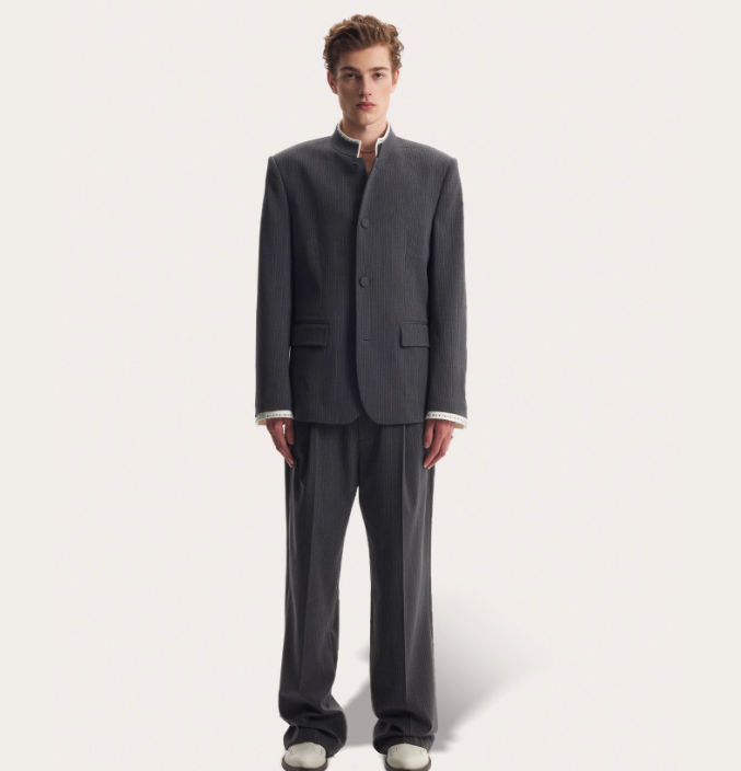 WEALTHYBC 重工钉珠 中性灰色条纹 立领 新中式羊毛西装外套