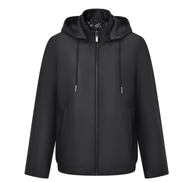 RARE威雅男装2025秋冬新款男士连帽休闲外套时尚黑色真皮皮衣夹克